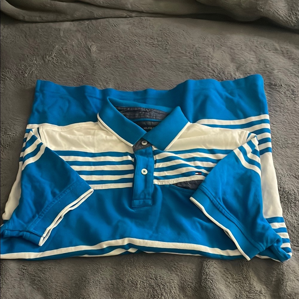 Tommy Hilfiger Polo Shirt Blue and White V-Stripe Design